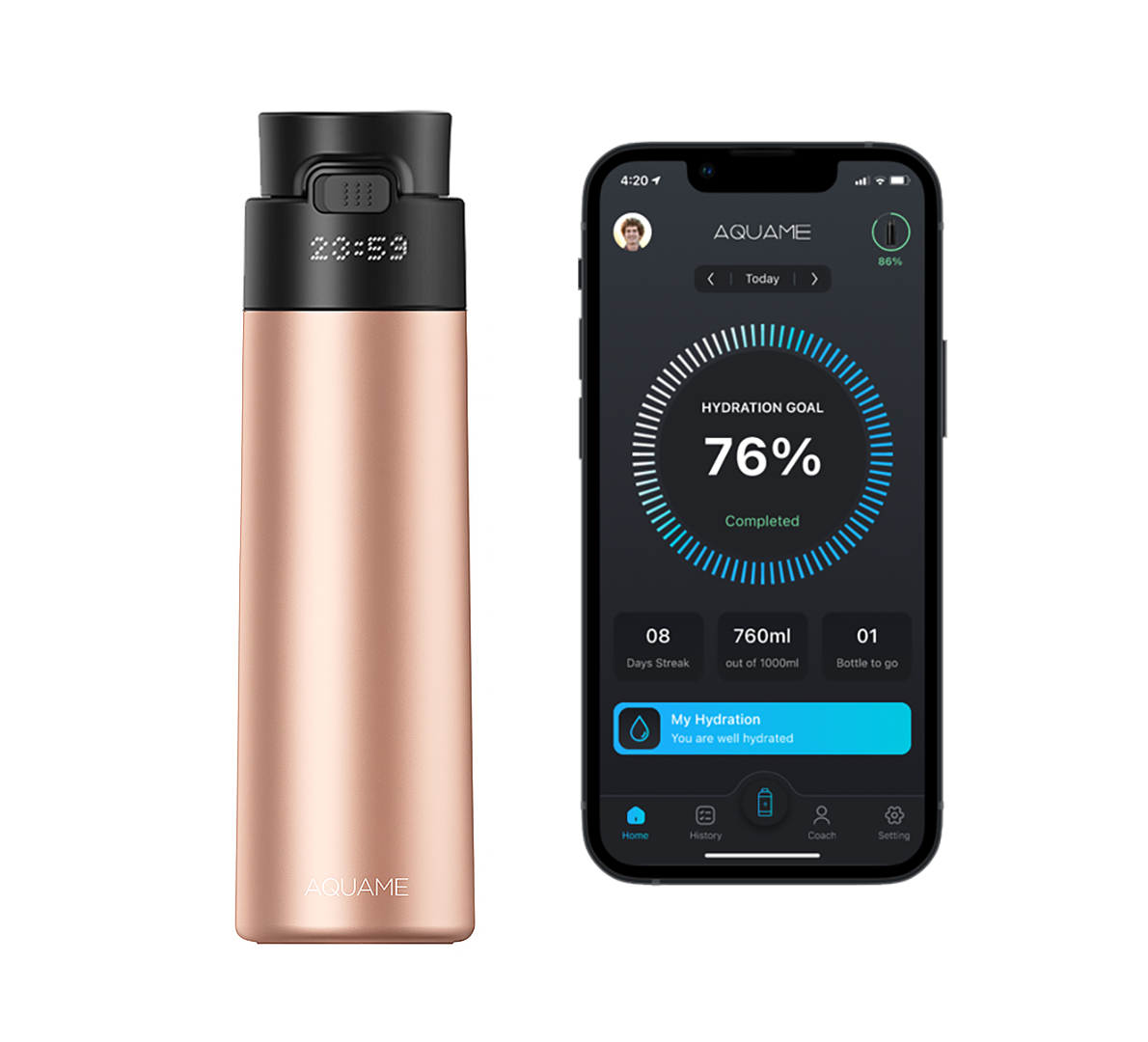 AQUAME 2.0 Smart Water Bottle Chrome Rose Gold