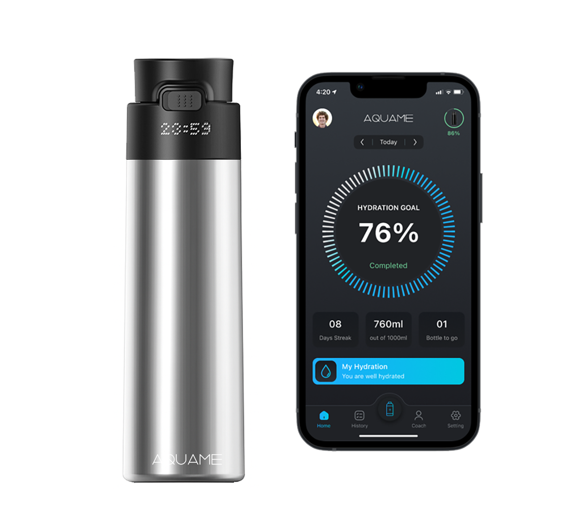 AQUAME 2.0 Smart Water Bottle Chrome Silver