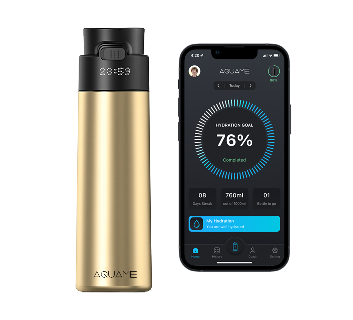 AQUAME 2.0 Smart Water Bottle Chrome Gold