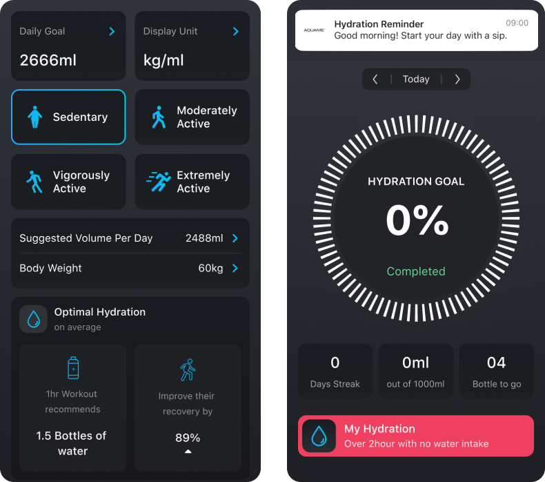 AQUAME AI hydration coach app screens
