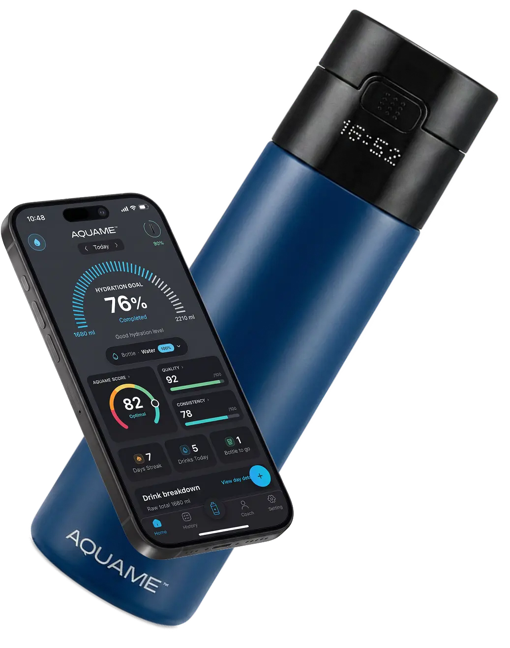 AQUAME smart bottle with mobile app screen