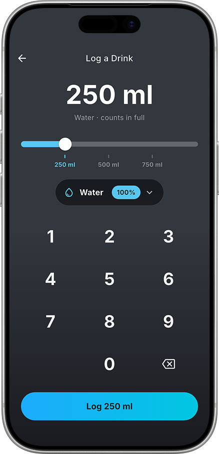 AQUAME app manual drink logging screen
